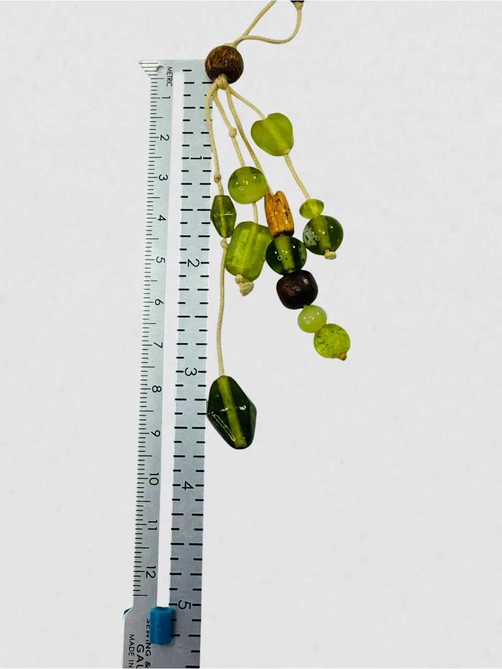 Handmade Glass Lime Green Brown Wood Bead Necklace 38” Boho Dangle Statement